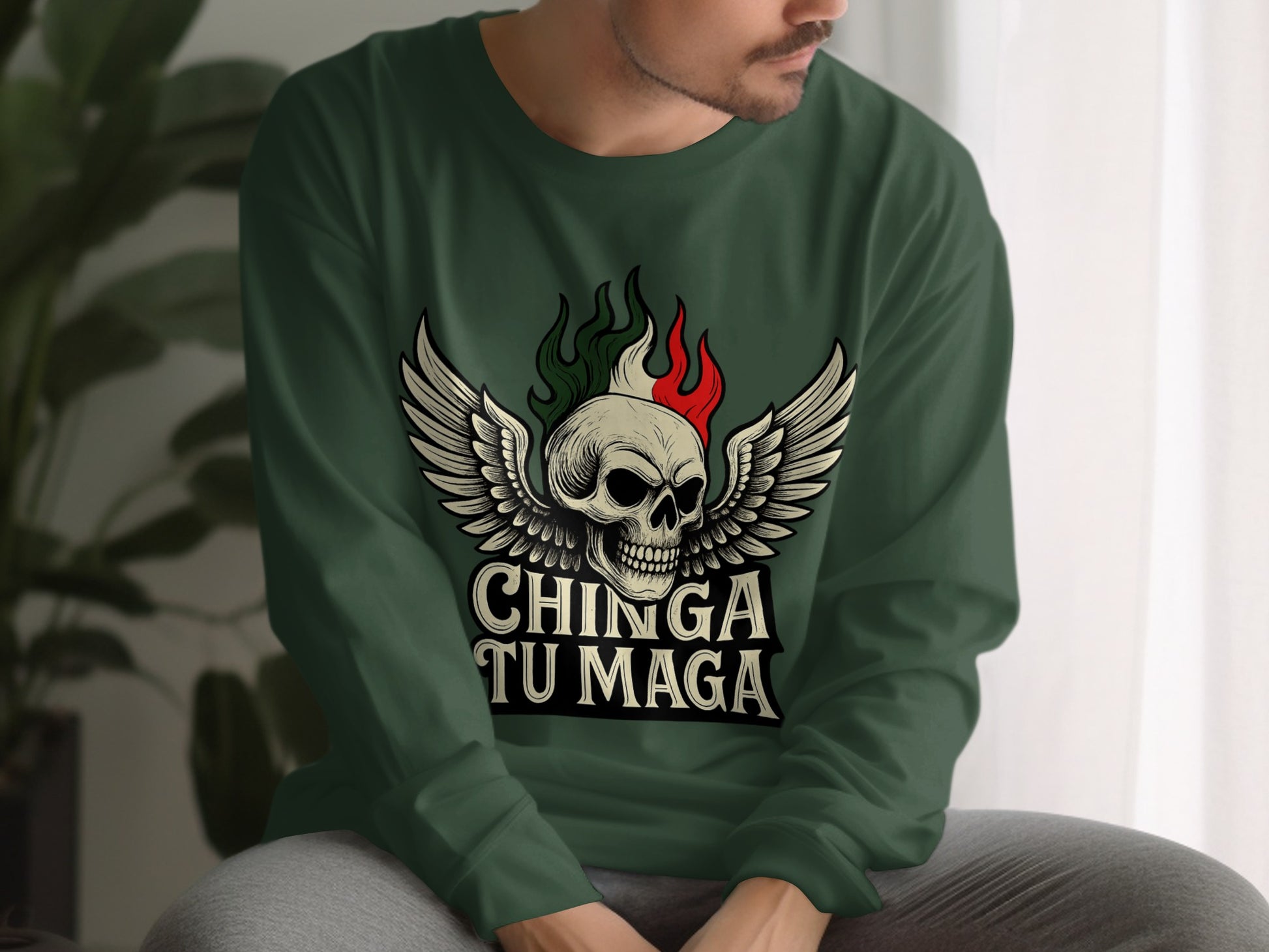Chinga Tu Maga Winged Skull Graphic Long-Sleeve Shirt