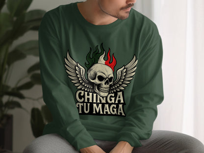 Chinga Tu Maga Winged Skull Graphic Long-Sleeve Shirt
