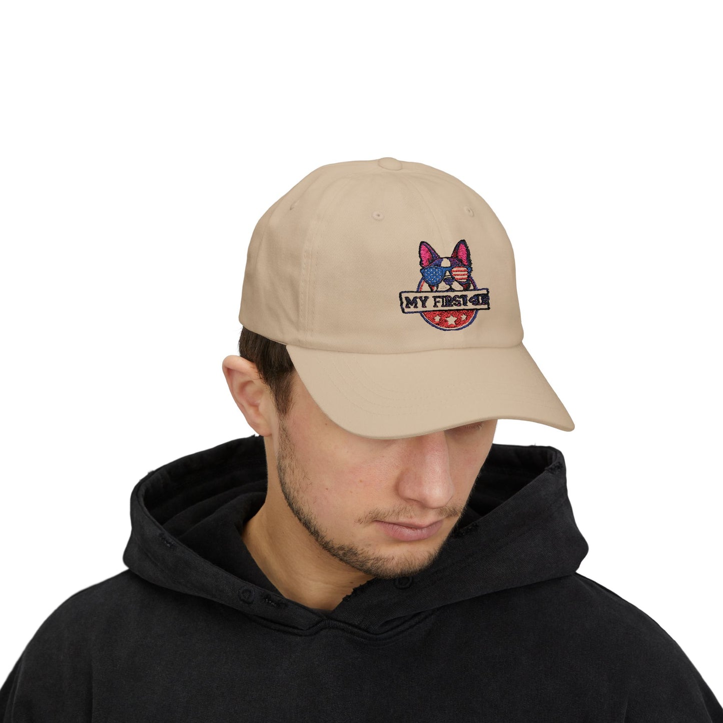 Patriotic Dog Dad Cap - 'My First 4th' Embroidered White Hat