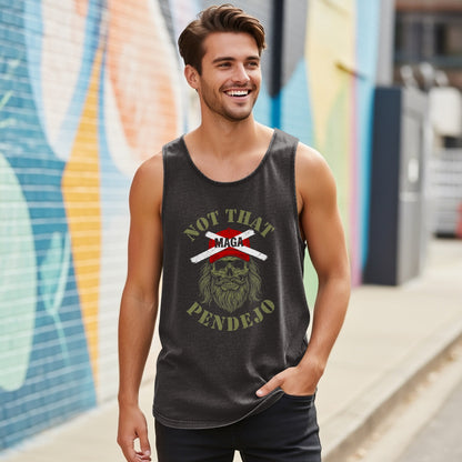 Man wearing dark grey sleeveless shirt with "Not That Pendejo MAGA" text and a skull graphic.