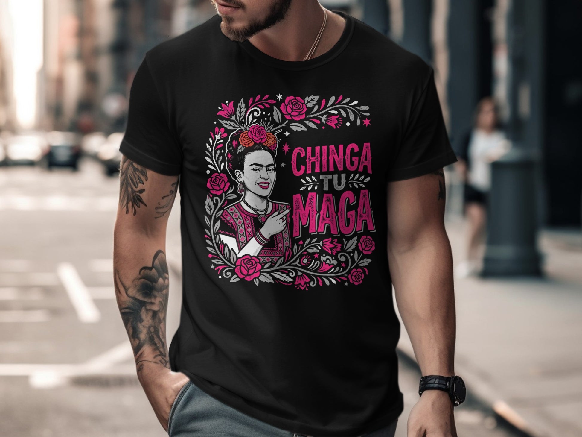 Black t-shirt with Frida Kahlo illustration and "Chinga Tu M" text.