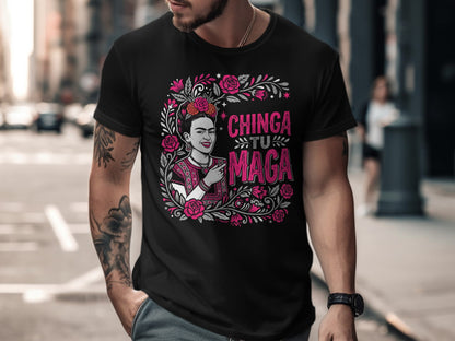 Black t-shirt with Frida Kahlo illustration and "Chinga Tu M" text.