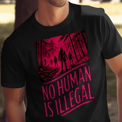 Black t-shirt with "NO HUMAN IS ILLEGAL" and forest scene graphic.