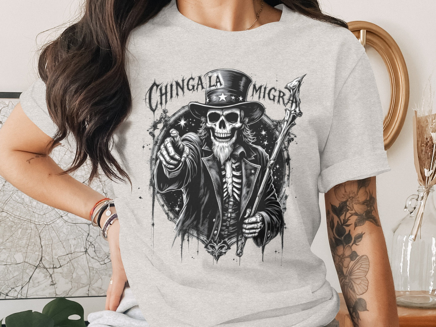 Chingala Migra Skeleton with Hat Graphic T-Shirt product