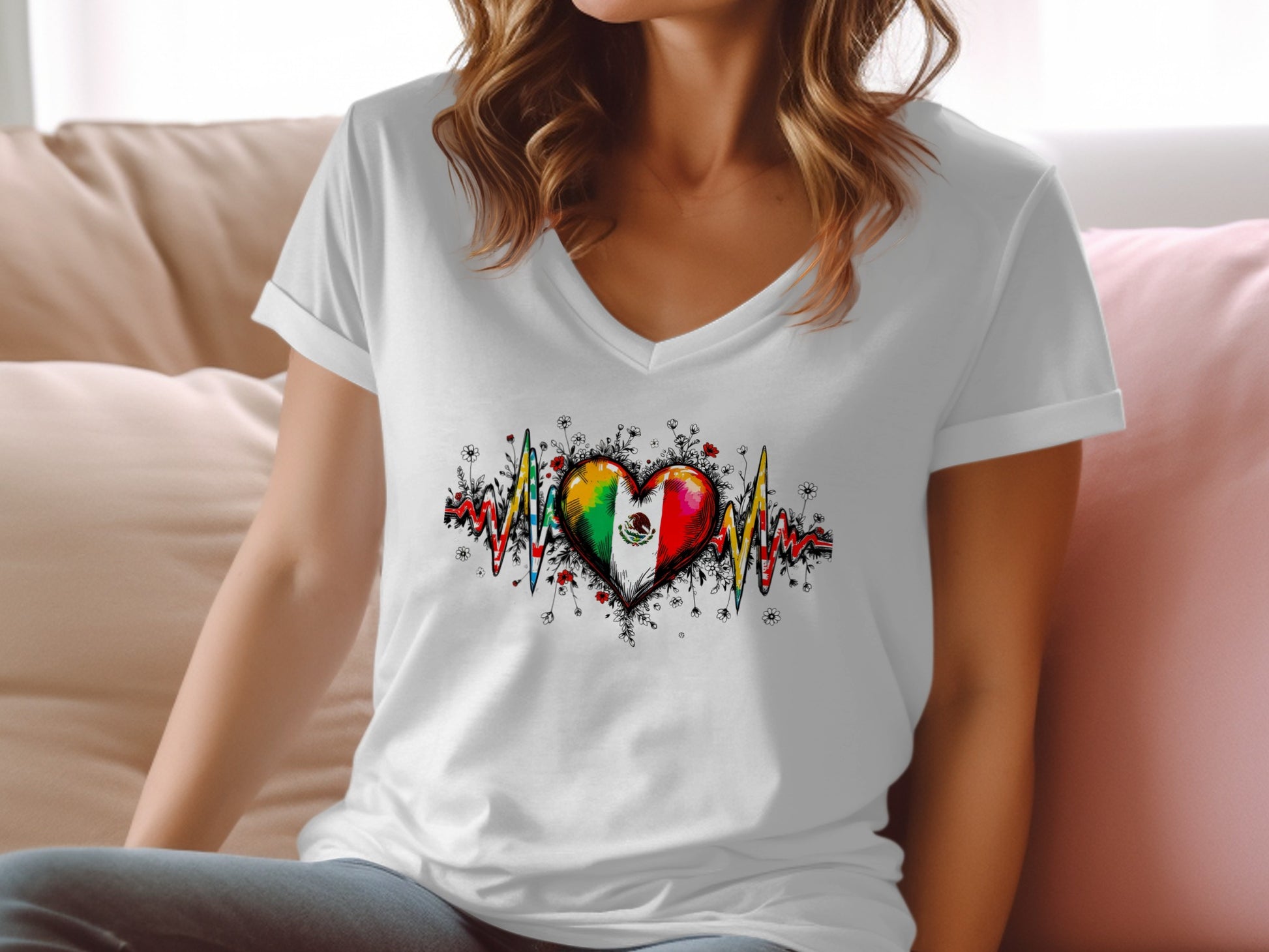 Heartbeat with Floral Mexican Flag Heart Shirt product type