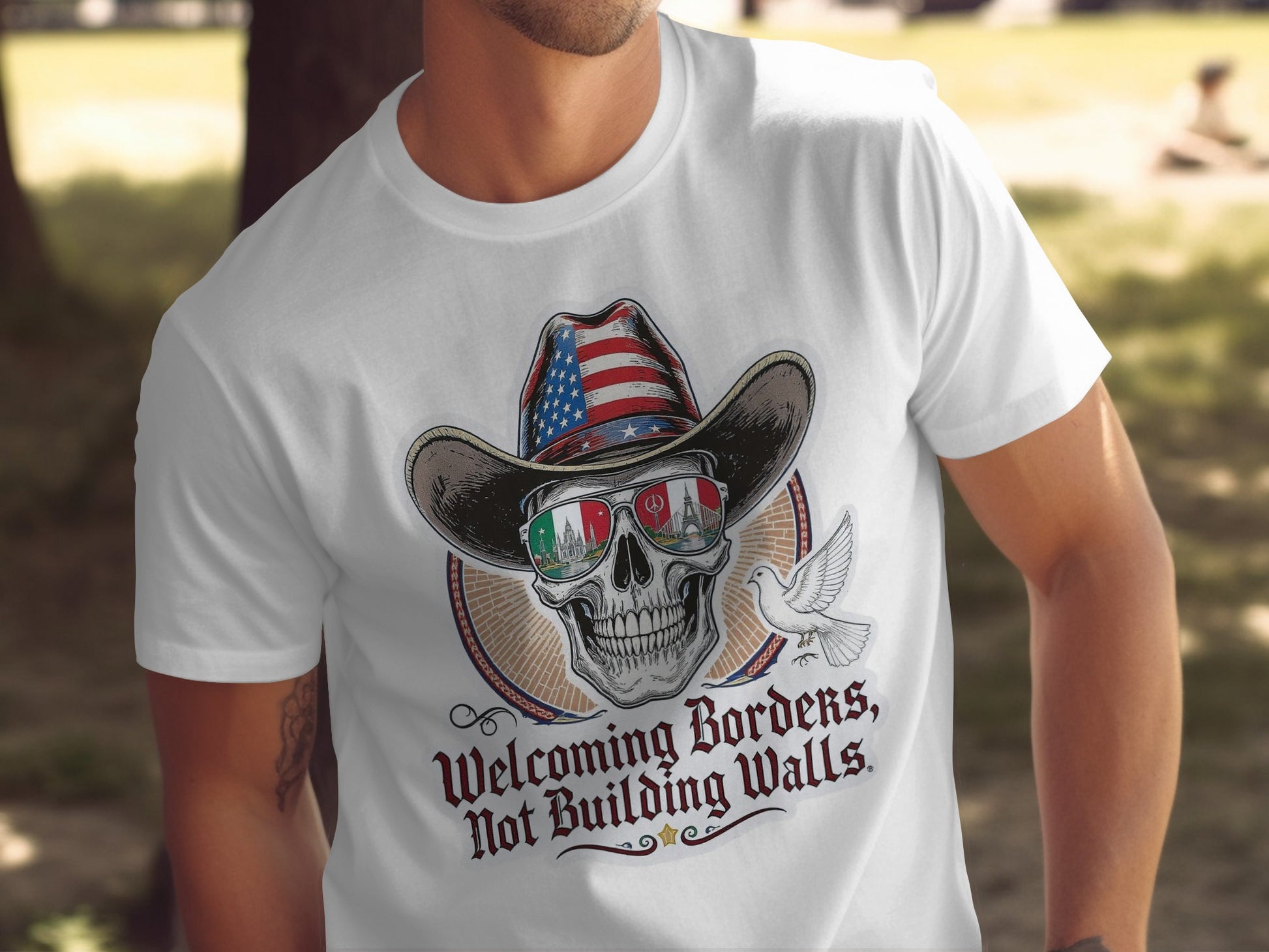 Patriotic Skull Welcoming Borders Not Walls T-shirt