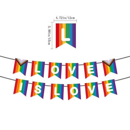 Rainbow Love Is Love Paper Banners and Hanging Swirls Cupcake Toppers for Birthday and Pride Day Celebrations