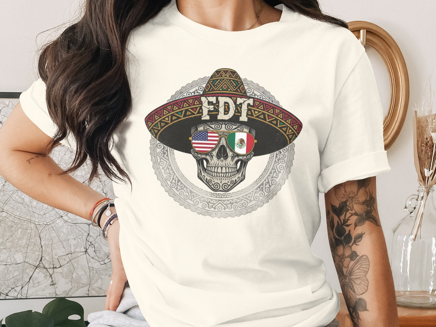Mexican and American Flag Skull Graphic T-Shirt