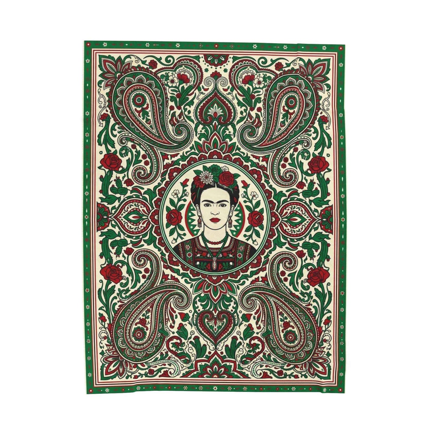 Frida Kahlo Art Blankets, Bohemian Paisley Throw Blanket, Mexican Folk Art Decor, Vibrant Red Green Floral Pattern, Artistic Icon Living