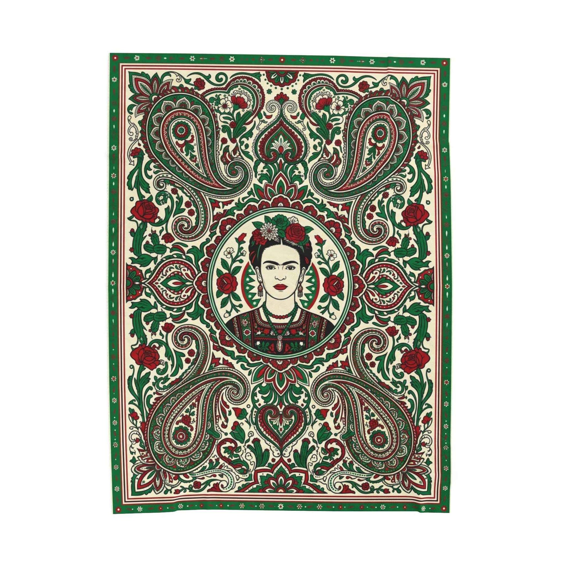 Frida Kahlo Art Blankets, Bohemian Paisley Throw Blanket, Mexican Folk Art Decor, Vibrant Red Green Floral Pattern, Artistic Icon Living