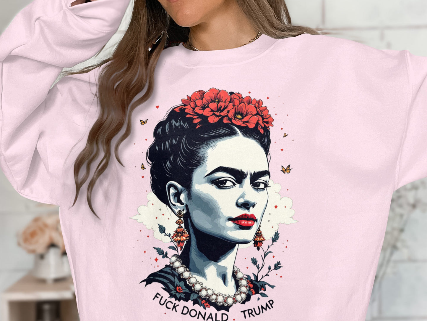 Frida Kahlo Art Sweatshirt with Red Flowers