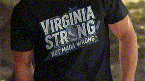 A black t-shirt with the text "VIRGINIA STRONG NOT MAGA WRONG" printed on it.