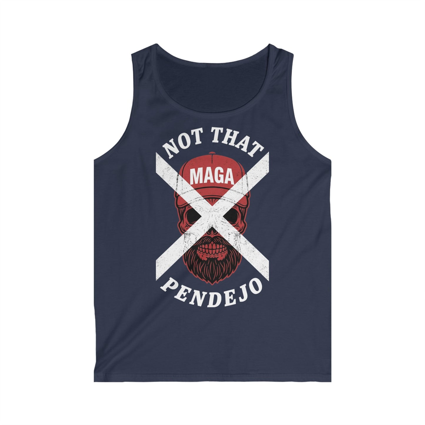 Navy tank top with "NOT THAT MAGA PENDEJO" text and skull graphic.