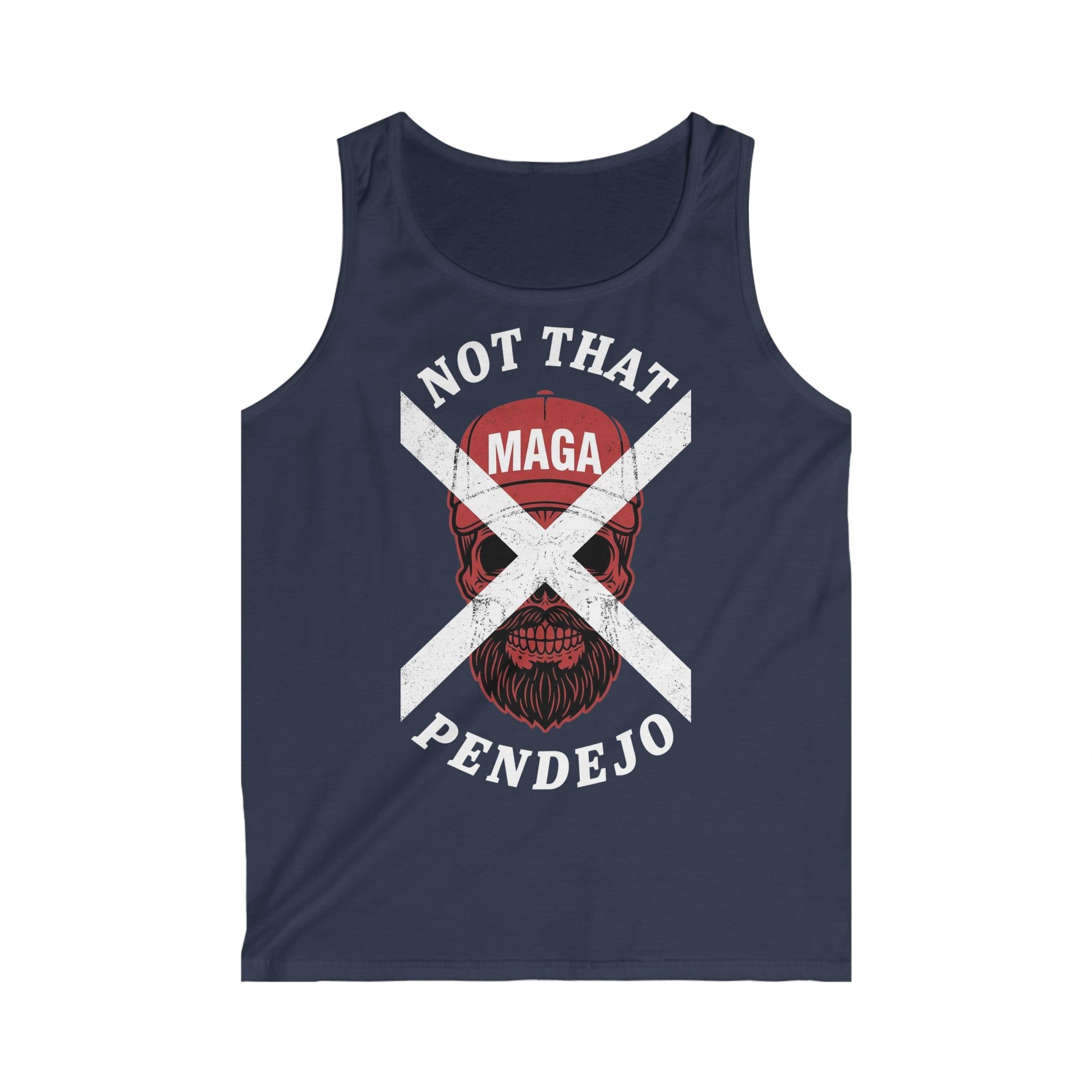 Navy tank top with "NOT THAT MAGA PENDEJO" text and skull graphic.