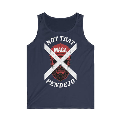 Navy tank top with "NOT THAT MAGA PENDEJO" text and skull graphic.
