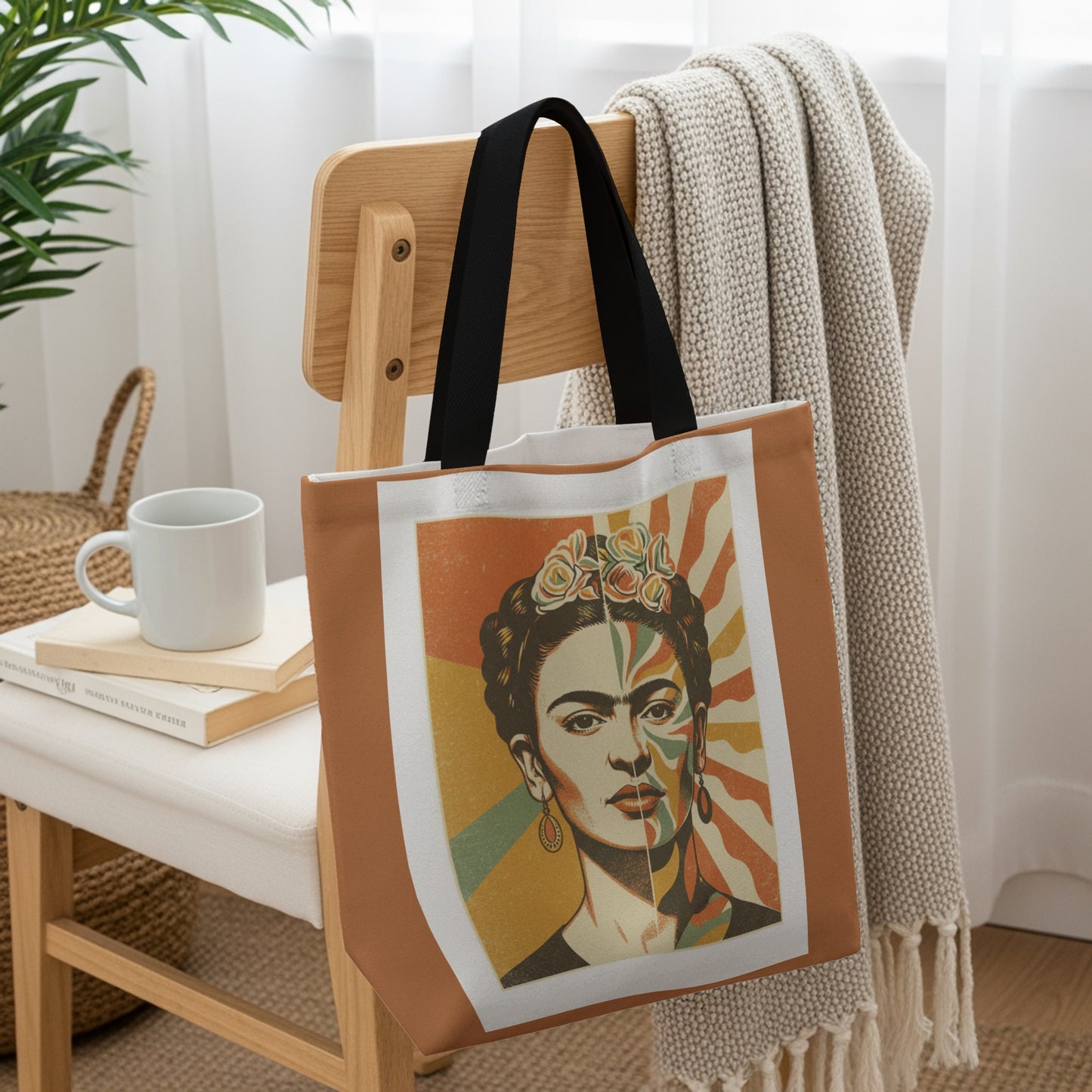 Tote bag with colorful Frida Kahlo portrait and patterned background.