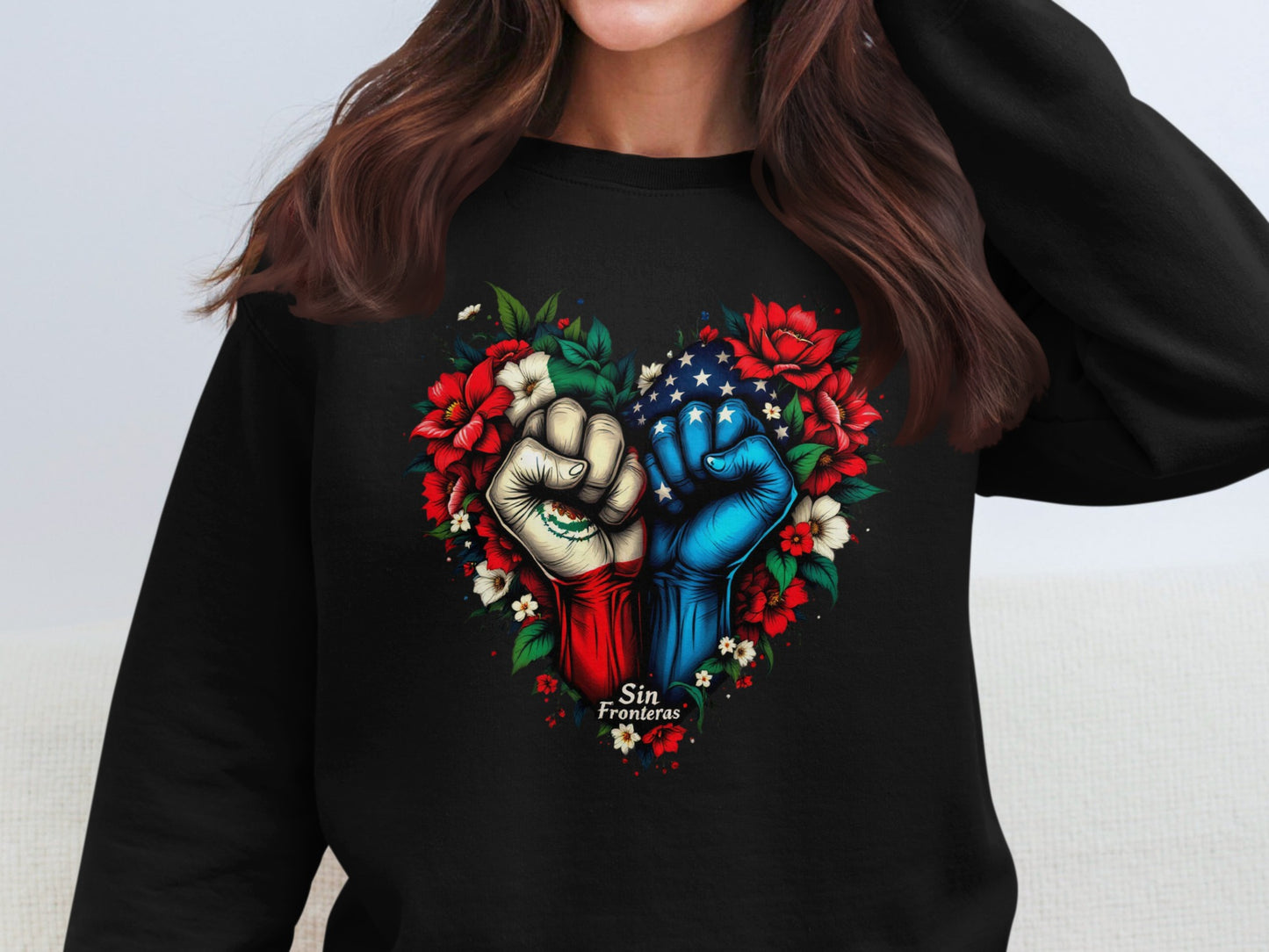 Sin Fronteras Heart Floral Graphic on Black Shirt product