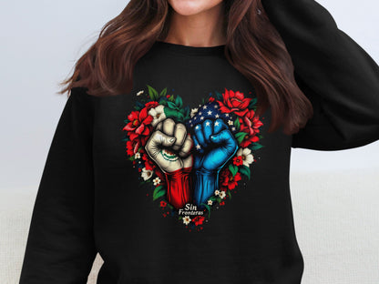 Sin Fronteras Heart Floral Graphic on Black Shirt product