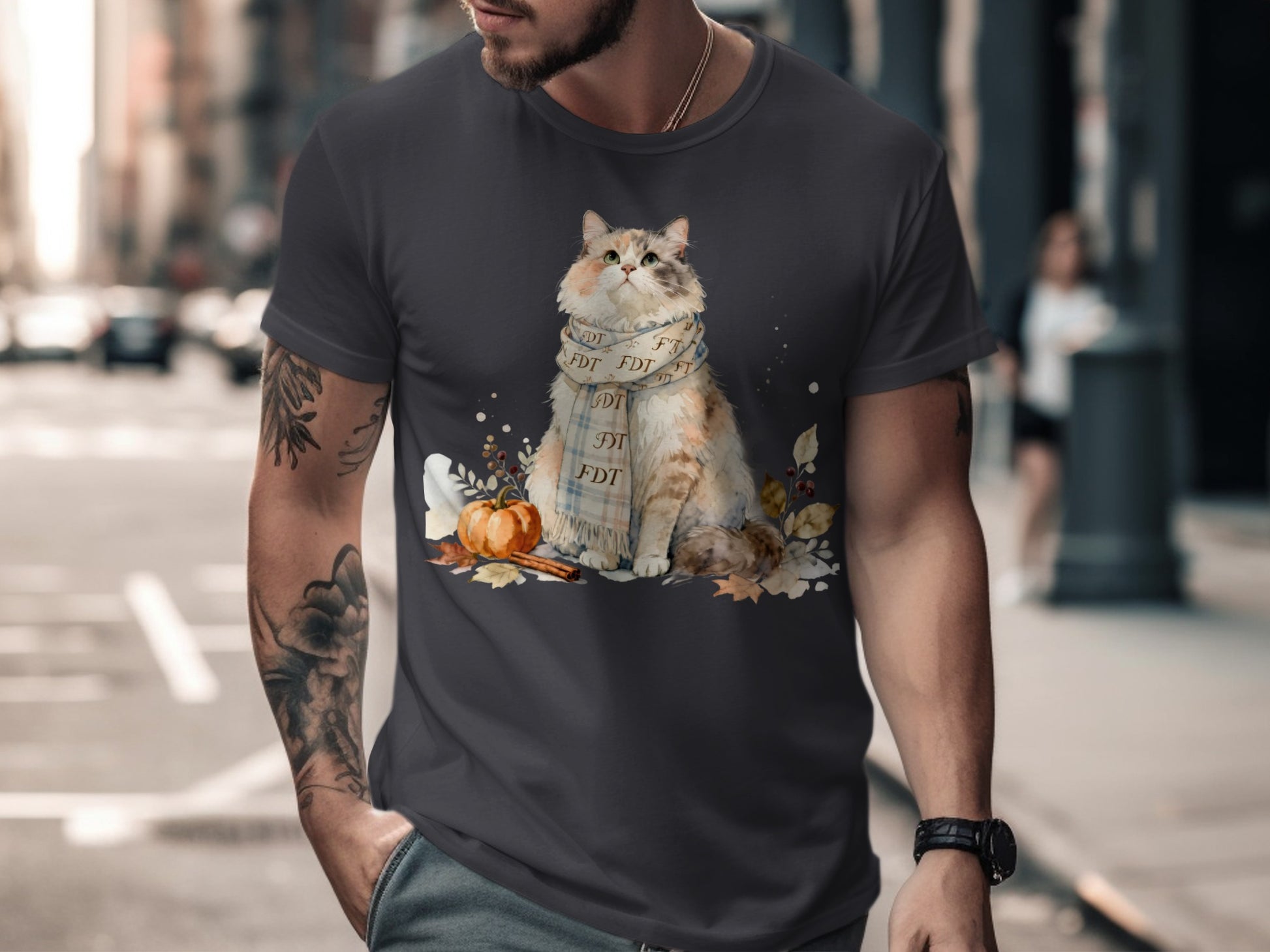Cute Cat in Scarf Autumn Leaves T-Shirt