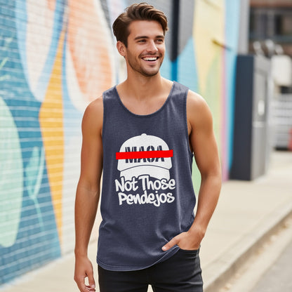 Man wearing dark blue tank top with "MAGA Not Those Pendejos" graphic.
