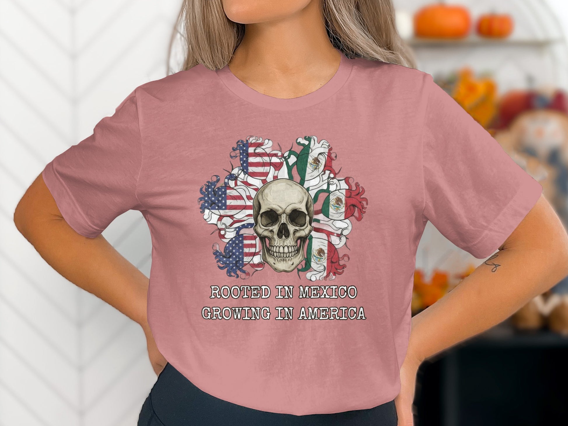 Rooted In Mexico Growing In America Skull T-Shirt