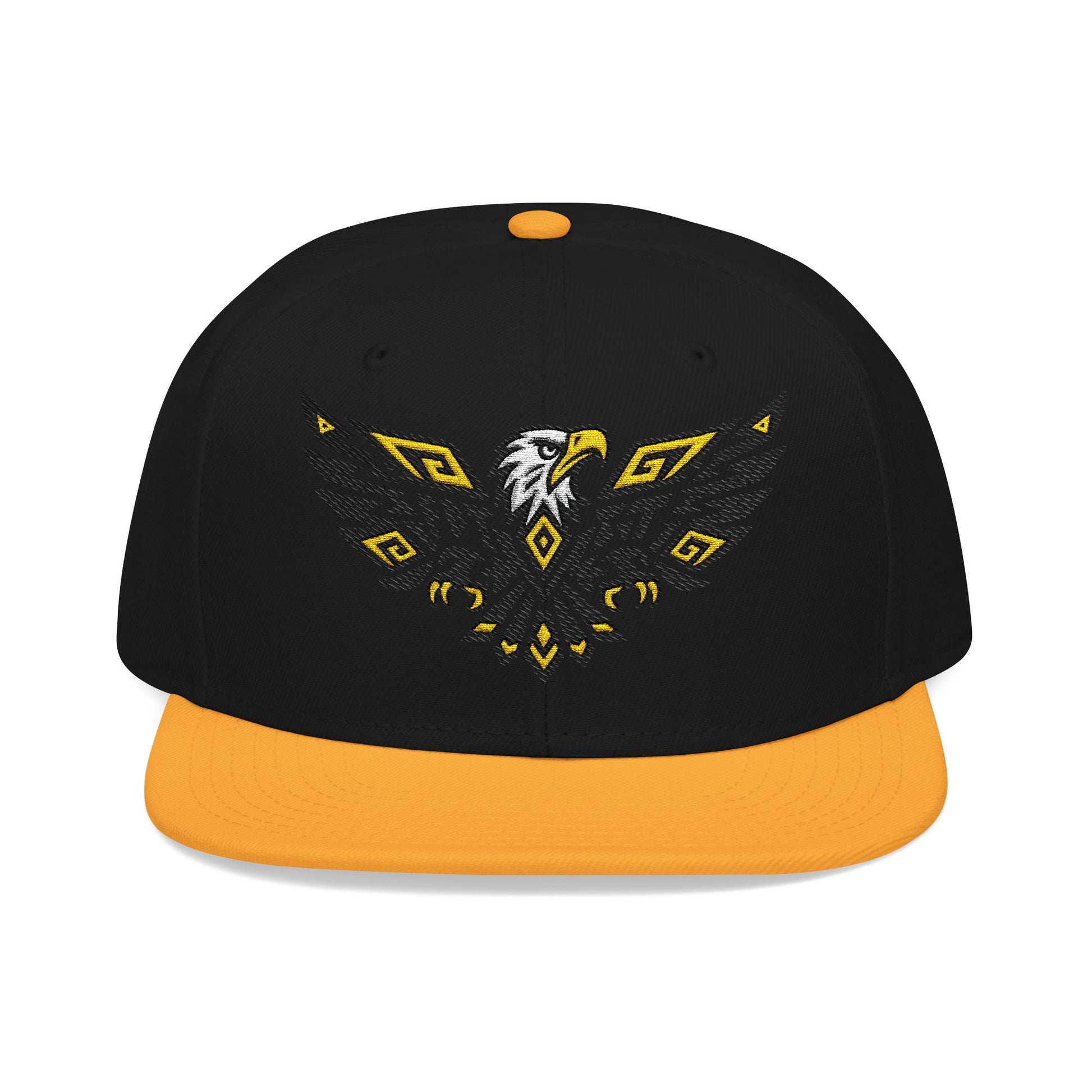 Black snapback hat with yellow eagle embroidery and orange brim.