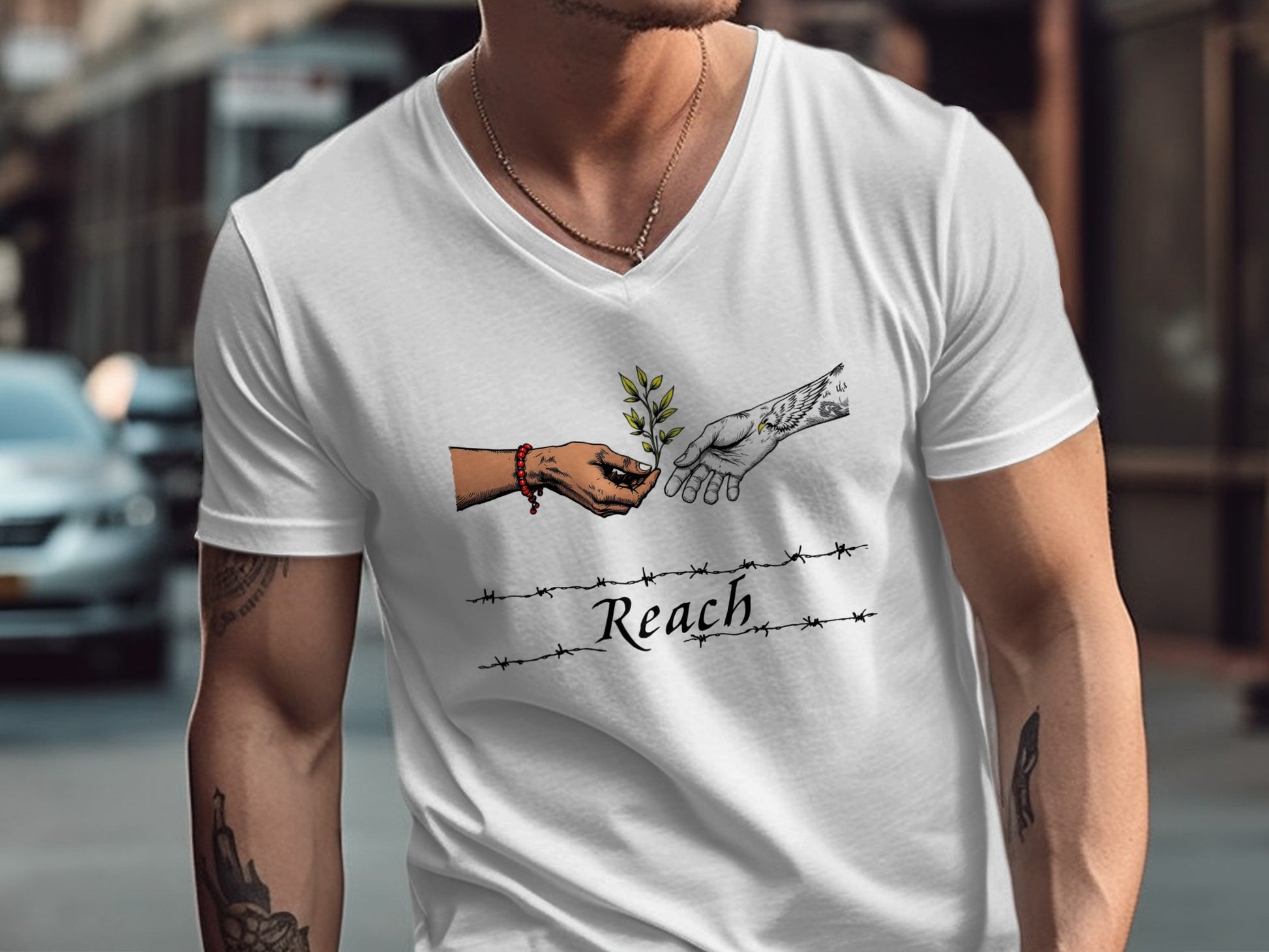 Reach Hands V-Neck Graphic T-Shirt product