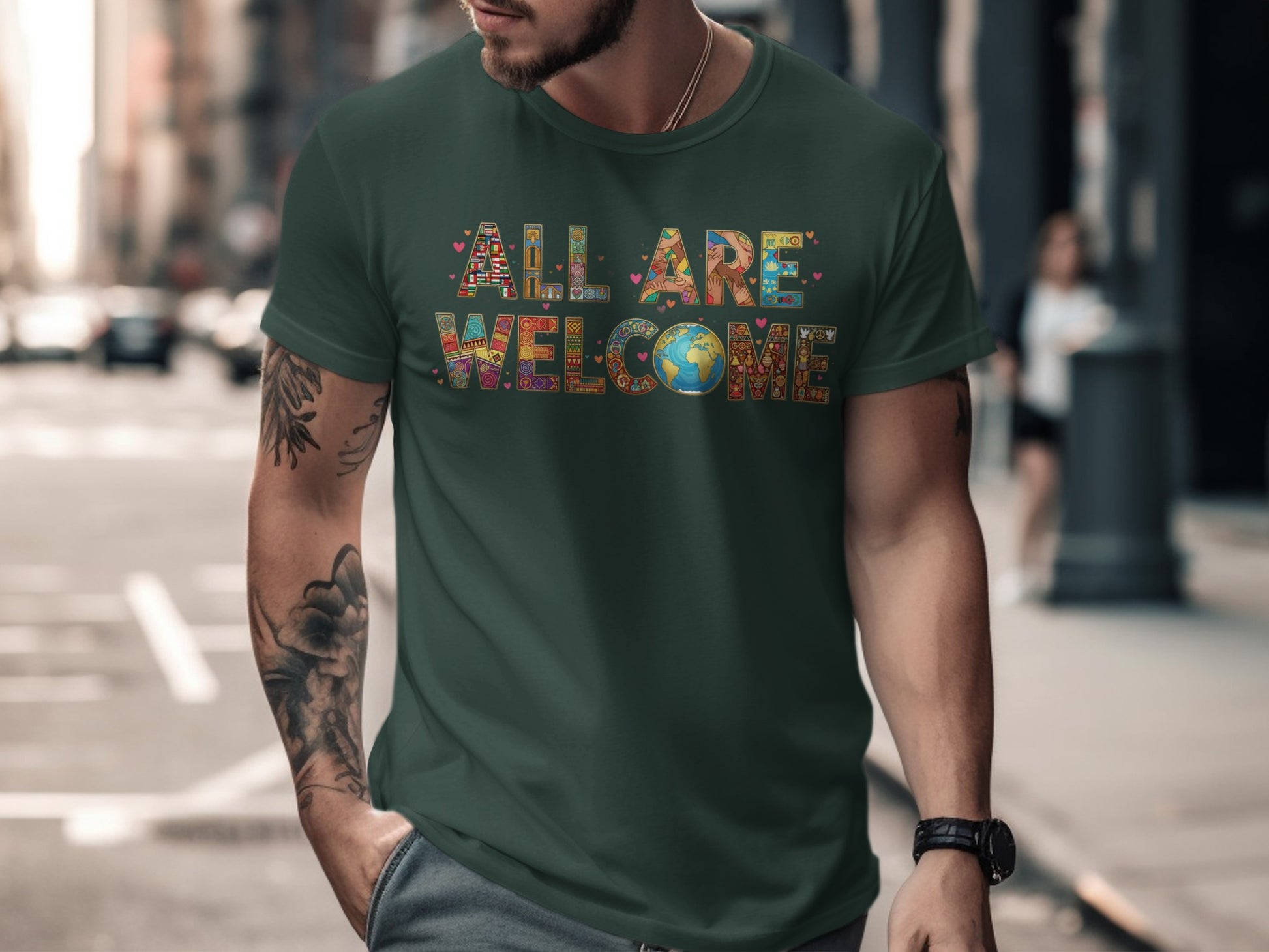 All Are Welcome Colorful T-Shirt for Everyday Wear