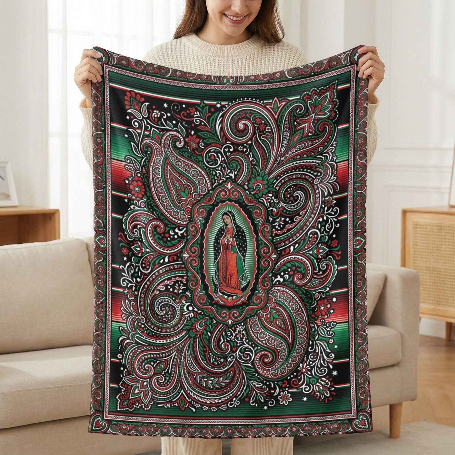 Virgen de Guadalupe Blanket, Sacred Art Throw, Mexican Folk Art Decor, Intricate Paisley Design, Spiritual Home Accent, Religious Gift