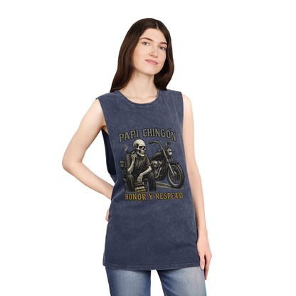 Unisex Stonewash Tank Top - Papi Chingón Skull Design, Casual Summer Wear, Motorcycle Lover Gift, Festival Outfit, Street Style