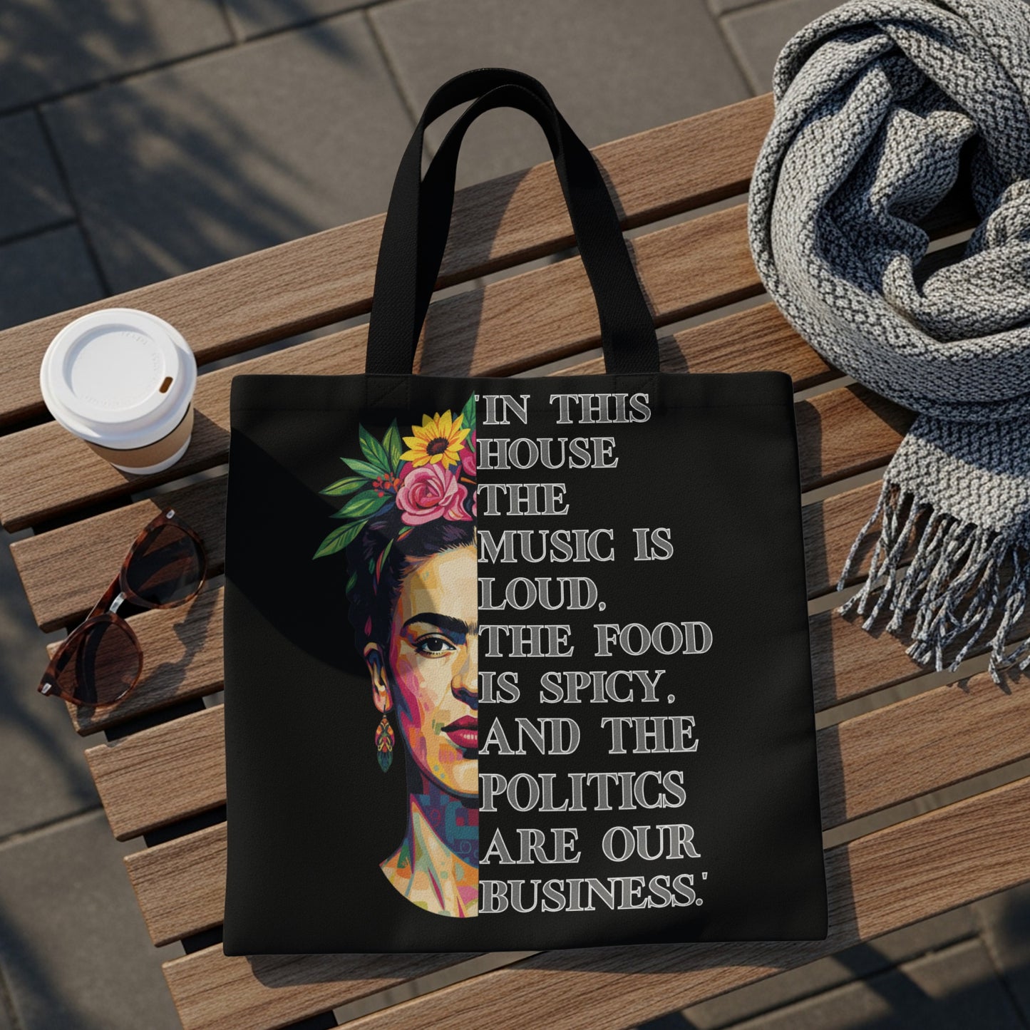 Tote bag with Frida Kahlo-inspired portrait and quote about house rules.