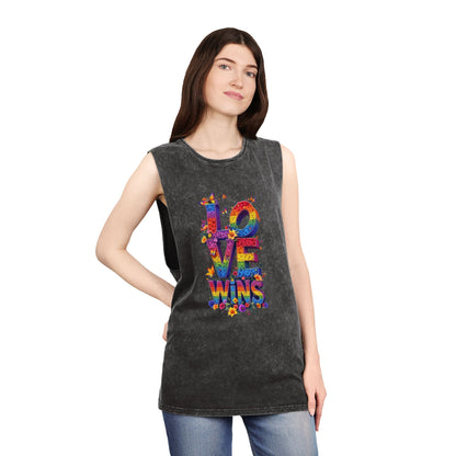 Unisex Stonewash Tank Top - 'Love Wins' Graphic Tee for LGBTQ+ Pride & Everyday Wear