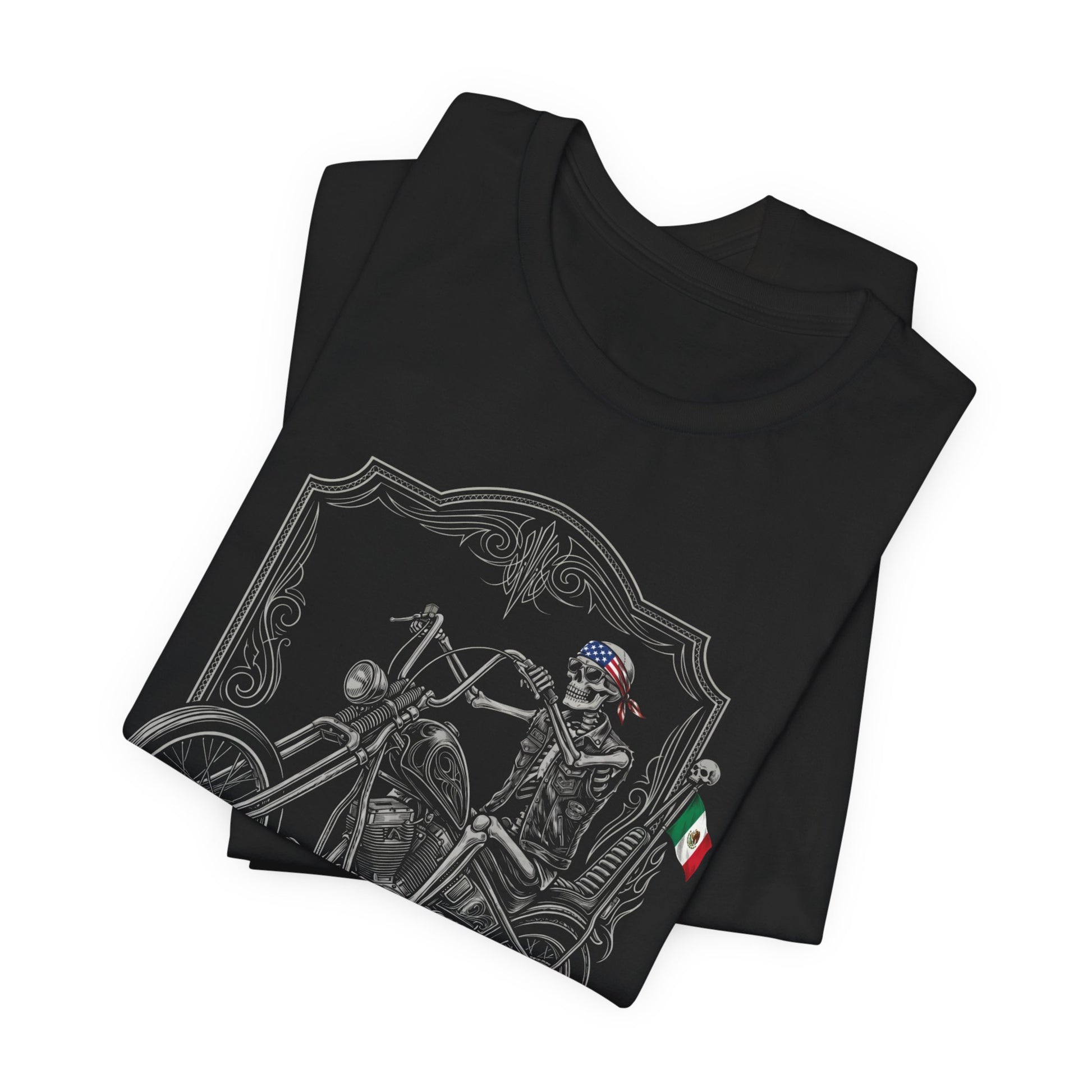 Black t-shirt with skeleton biker and patriotic American-Mexican flag design.