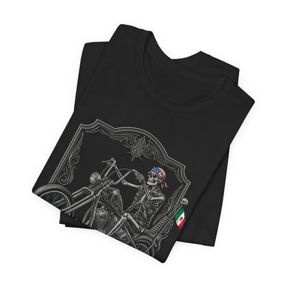 Black t-shirt with skeleton biker and patriotic American-Mexican flag design.