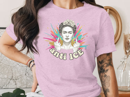 Anti ICE Graphic Tee Featuring Floral Headband Artwork