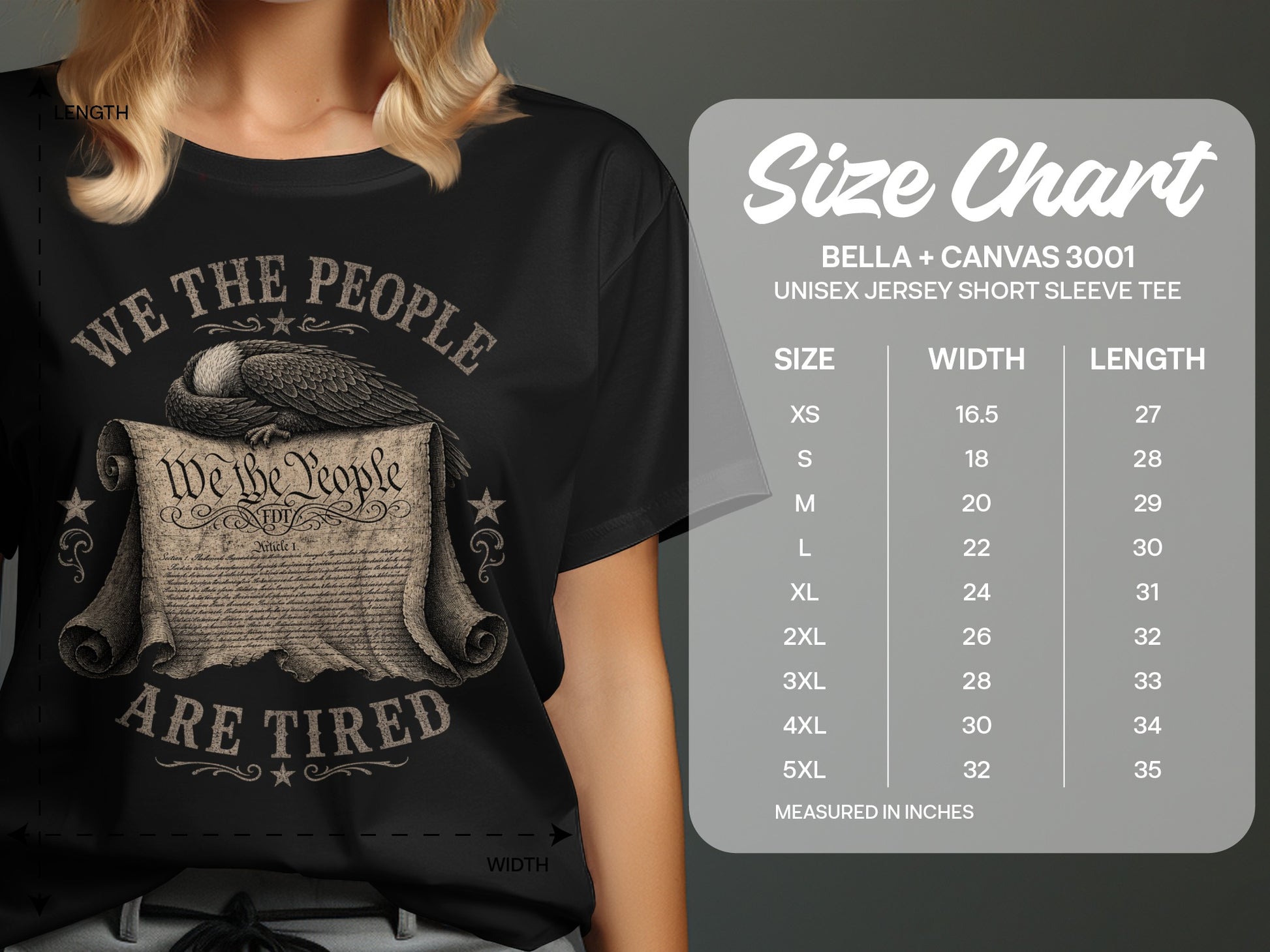 Black t-shirt with "We the People Are Tired" text and an eagle on parchment.
