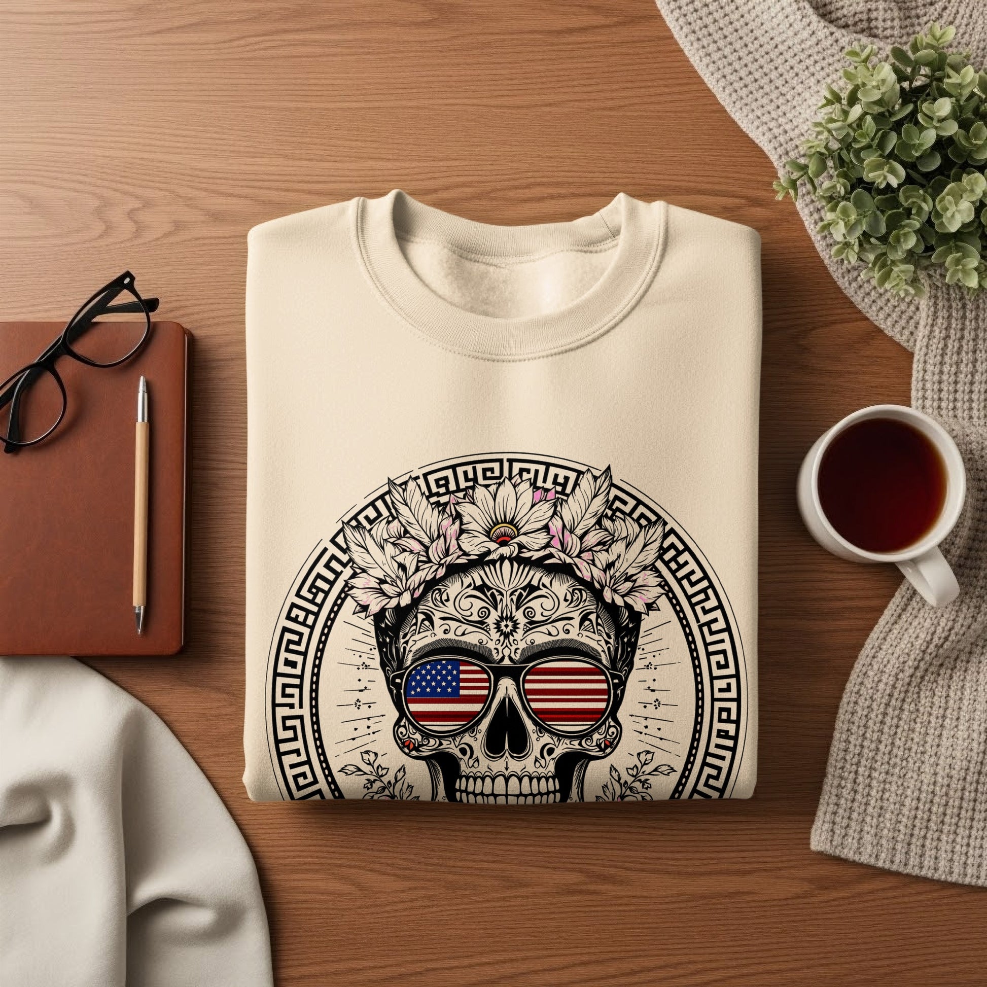 Unique Skull Graphic Sweatshirt with American Flag Design