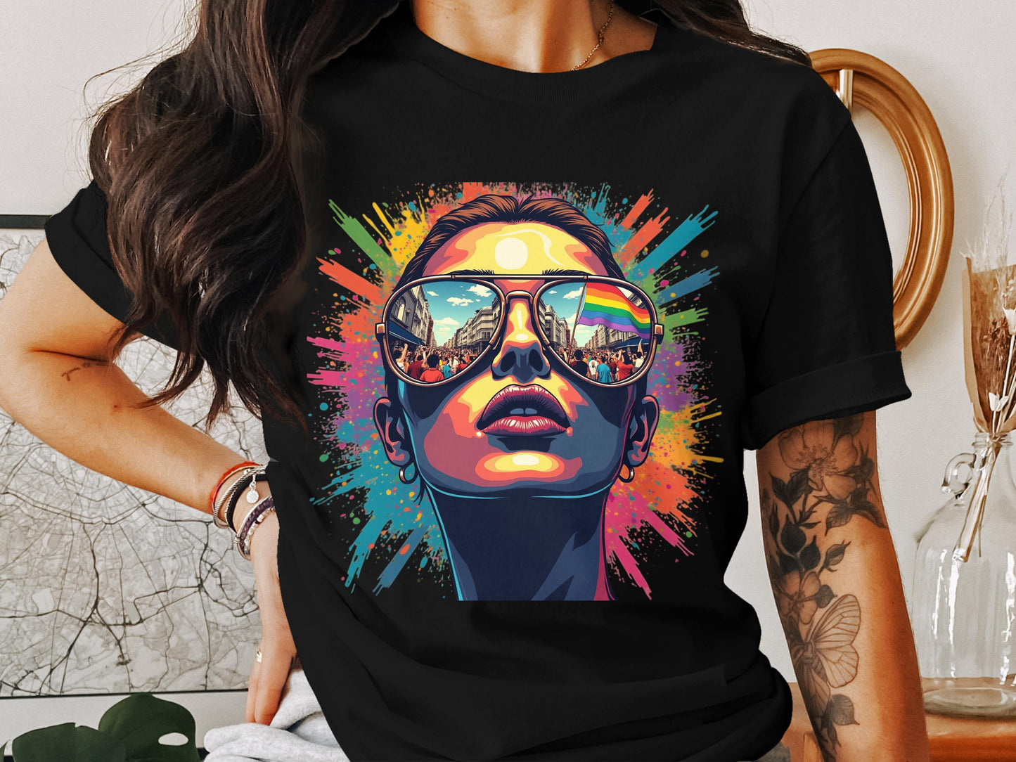 Vibrant Urban Reflection Art on Black T-shirt product