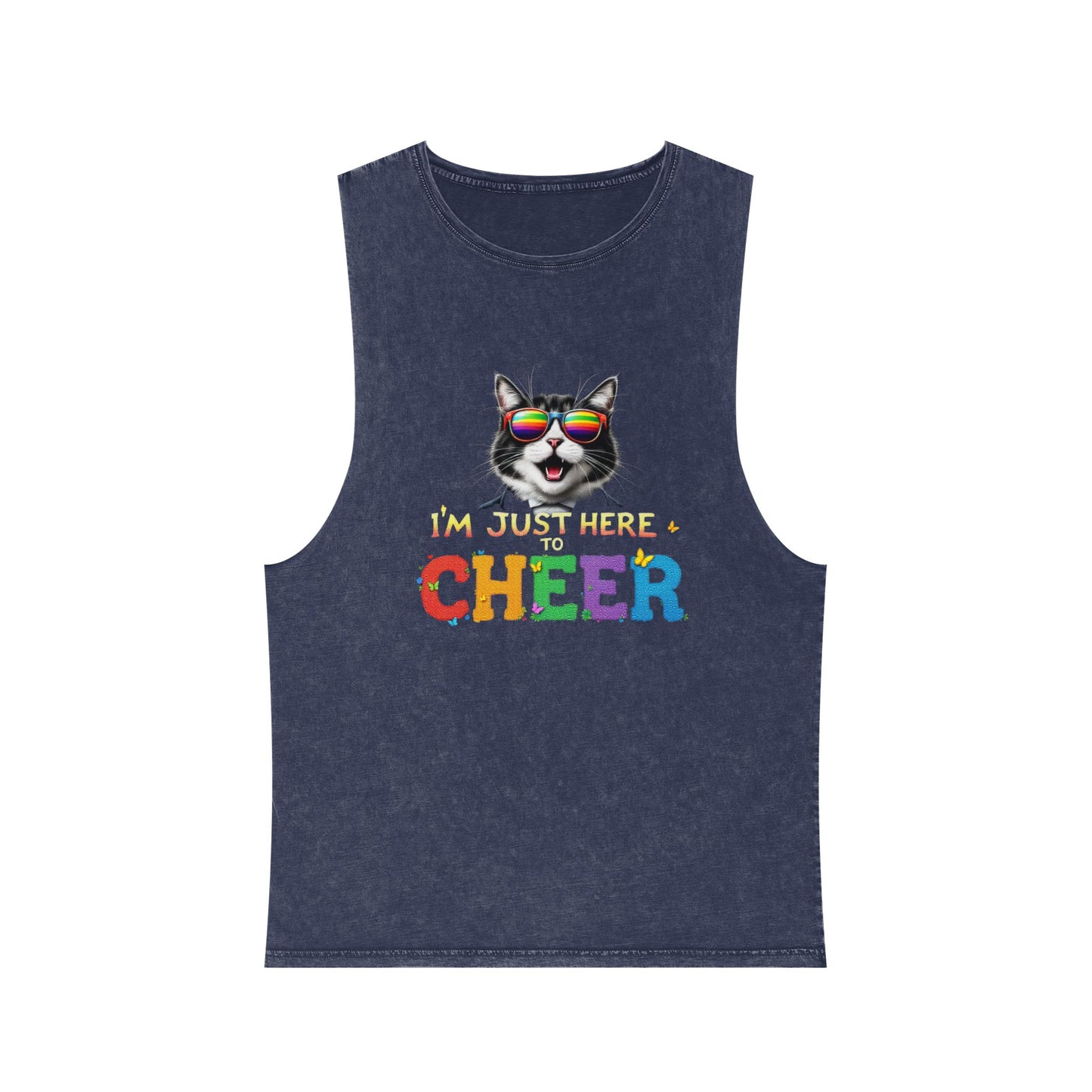 Unisex Stonewash Tank Top - Cheerful Cat Graphic Tee, Summer Fashion, Casual Wear, Gift for Cat Lovers, Fun & Unique Tank