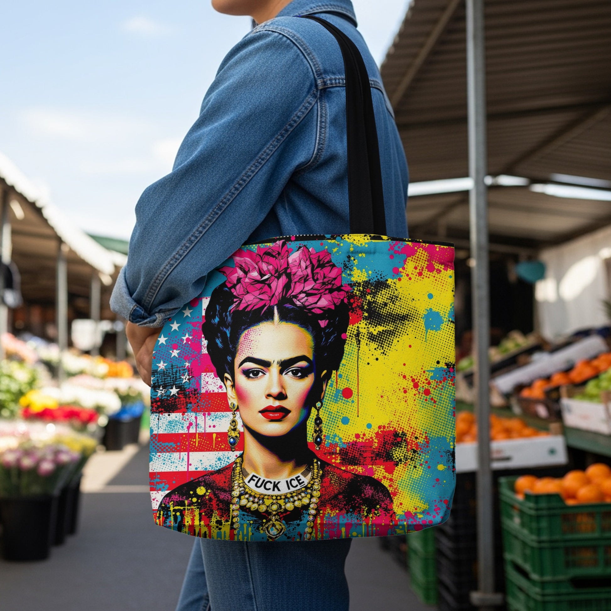Tote bag with Frida Kahlo portrait, US flag, and colorful abstract splashes.
