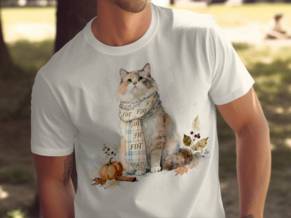 Cozy Cat With Autumn Scarf Design T-shirt