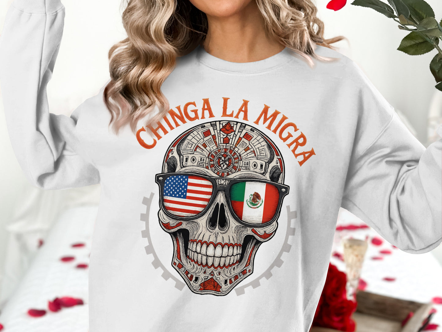 Chinga La Migra Skull Design Crewneck Sweatshirt