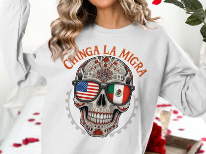Chinga La Migra Skull Design Crewneck Sweatshirt
