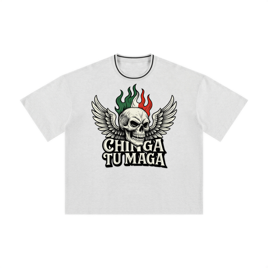 A white t-shirt with a graphic design featuring a skull with wings and flames, along with the text "CHITGA TU MAGA" (which translates to "CHITGA TU MAGA" in English).