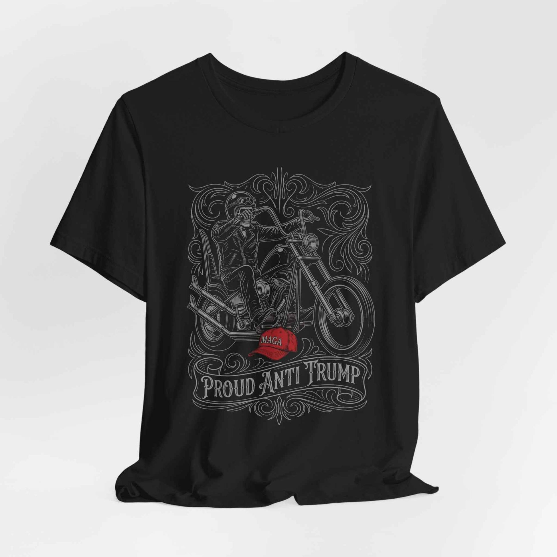 Proud Anti Trump T-Shirts, Skeleton Biker, MAGA Hat Statement, Motorcycle Rider, Political Protest, Unique Graphic T-Shirts