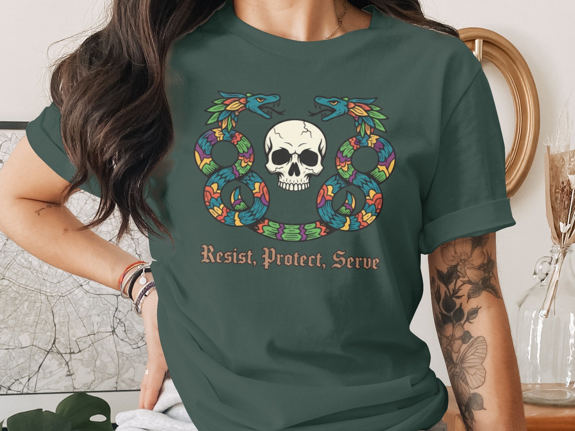 Resist Protect Serve Skull with Colorful Snakes Shirt