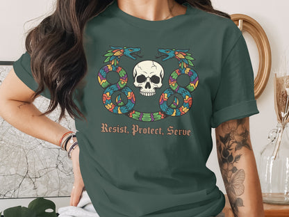 Resist Protect Serve Skull with Colorful Snakes Shirt