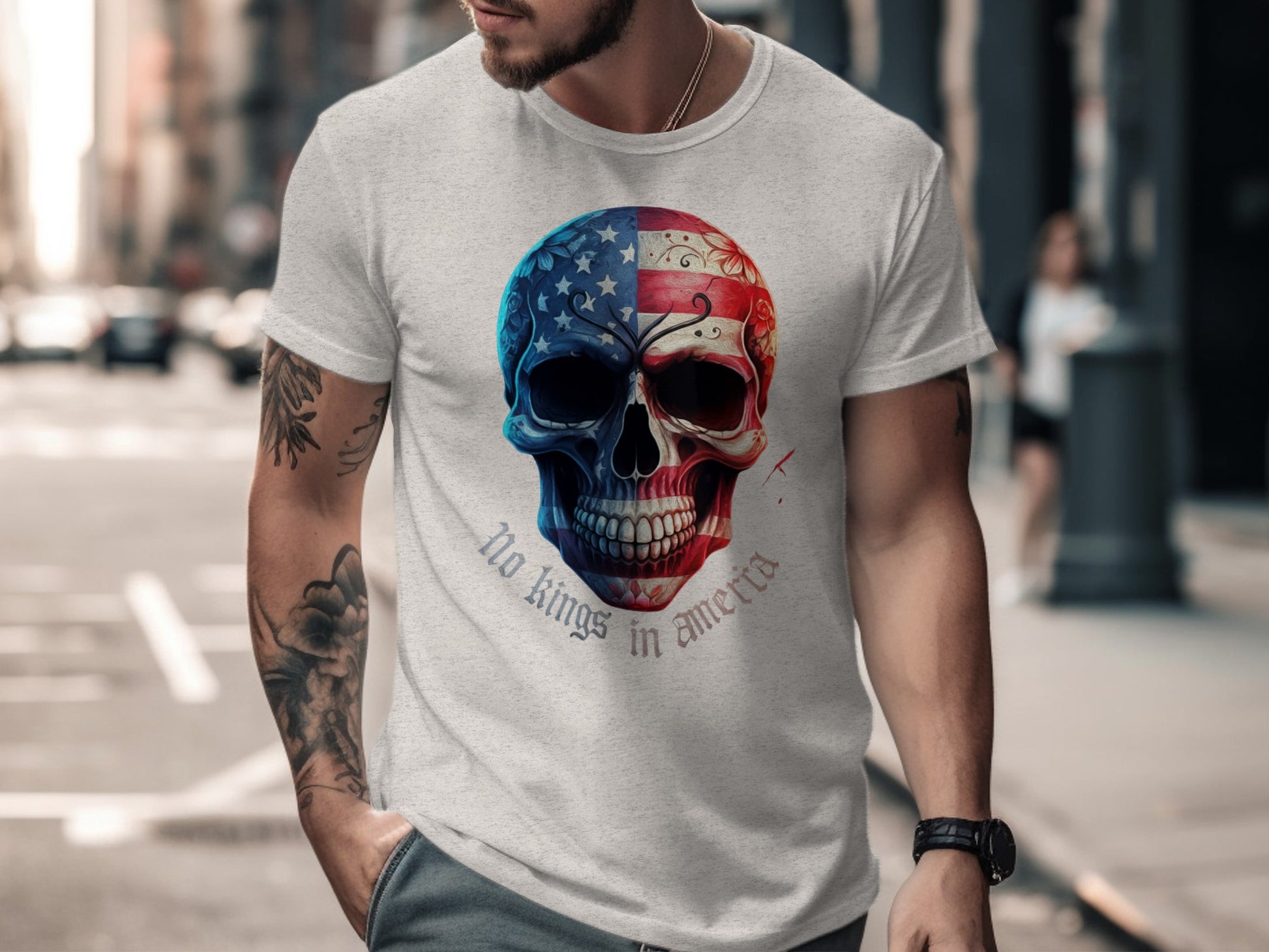 No Kings in America Skull Design T-Shirt product type