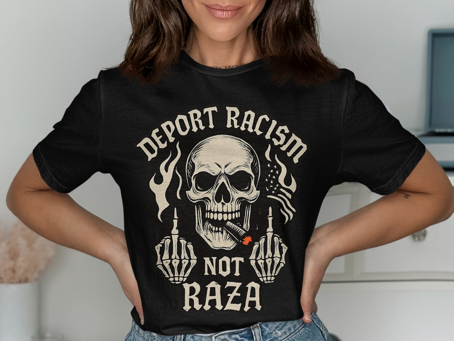 Deport Racism Not Raza Skull Graphic T-Shirt product