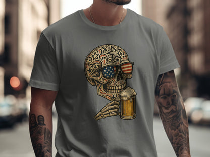 American Flag Skull with Beer Graphic T-Shirt product